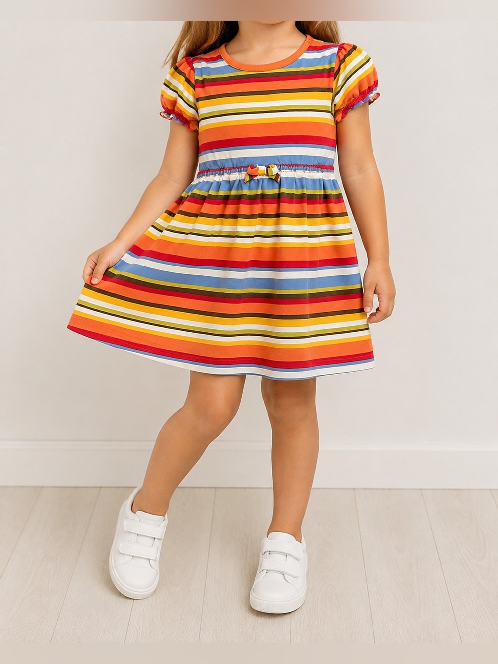 Crazy 8 Girls 4Y Rainbow Stripe Cotton Dress Retro Puff Sleeve Bow